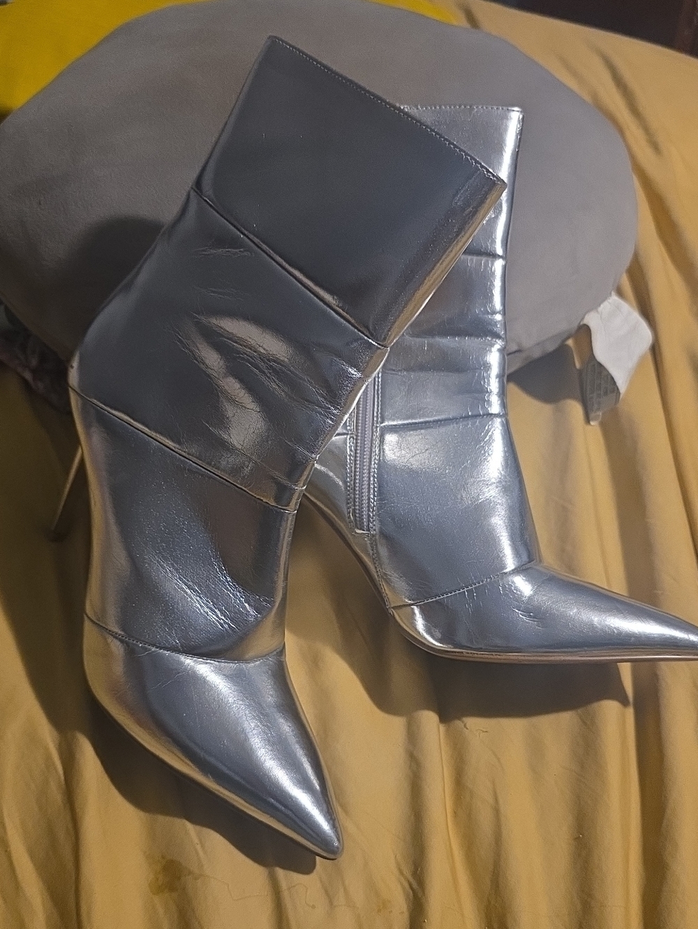 Metallic Silver Pointed-Toe Mid-Calf Stiletto Boots - Sz 9.5